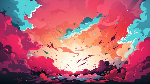 illustration of a colorful sunset with clouds and a plane flying in the sky generative ai