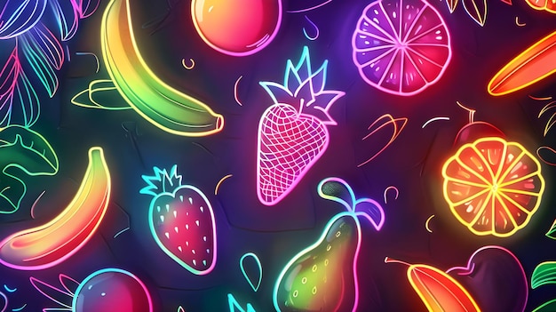 Illustration of a colorful surreal various fresh and ripe fruits on black background