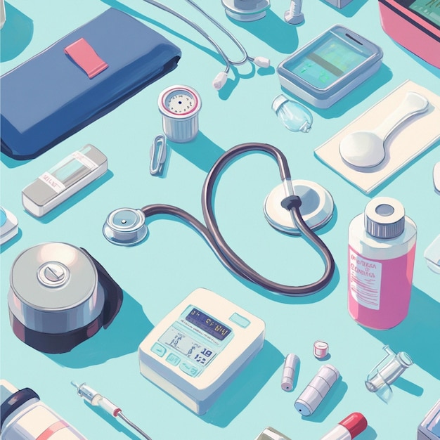 Photo an illustration of common medical equipment used in a hospital setting such as stethoscopes and blo