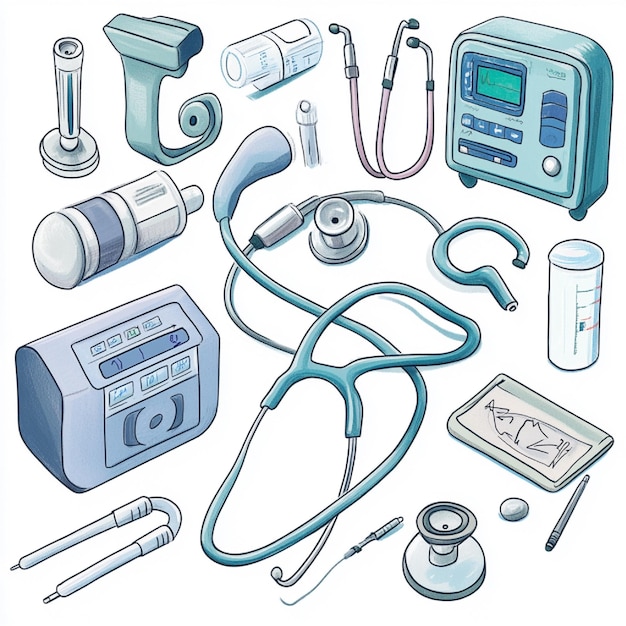 Photo an illustration of common medical equipment used in a hospital setting such as stethoscopes and blo