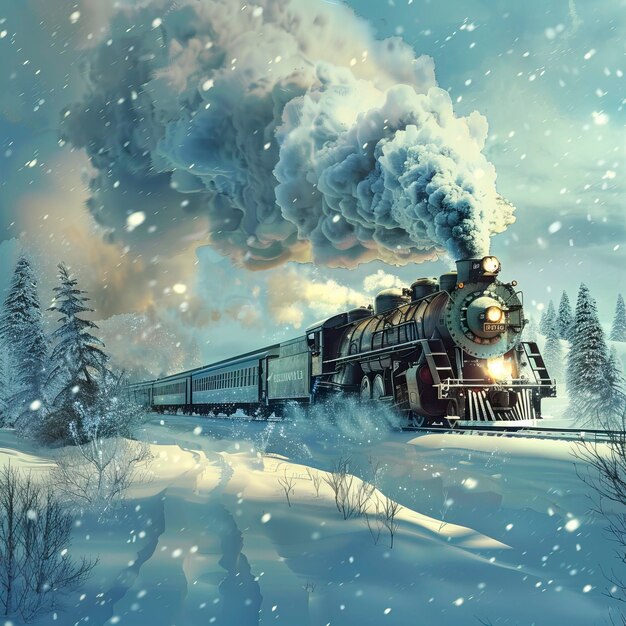 Illustration of the concept of Vintage polar express train traveling through snow covered north pole ar 11 style raw Job ID 148440920999484181b89f70cf66670d