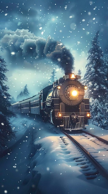 Illustration of the concept of Vintage polar express train traveling through snow covered north pole ar 916 style raw Job ID 0a424285b3544ab39c14740ece8b7ea9