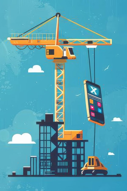 Photo illustration of a construction crane building a giant smartphone symbolizing technology development and innovation