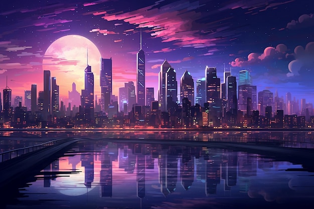 Illustration of a Contemporary Cityscape with Skyscrapers at Night AI