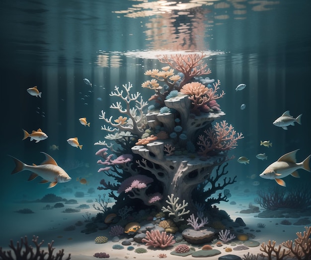 An illustration of a coral reef with a fish on it.