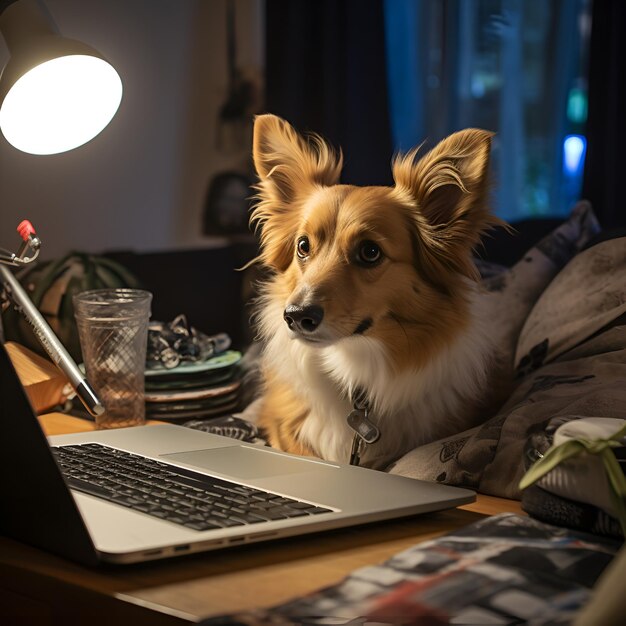 Illustration of a corgi dog working on a laptop from home Corgi dog looking sitting on a cosy coach in front of a laptop pretending to be working AI generated