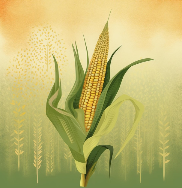 An illustration of a corn cob with leaves and a yellow background.