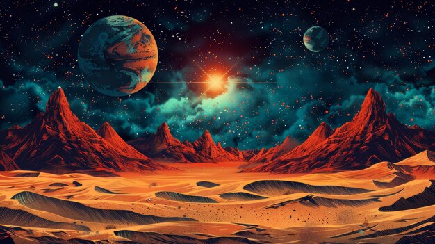 Photo an illustration of the cosmos and the red surface of mars with an orange ground mountains stars saturn and earth in the sky this is a fantastic modern illustration of the universe surrounded by