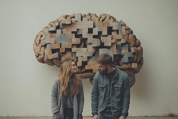 Photo illustration of a couple burdened with a massive puzzle piece brain highlighting the weight of unre