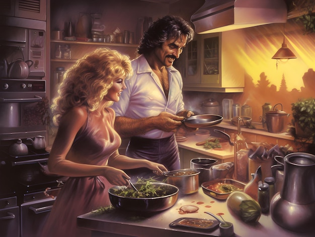 An illustration of a couple cooking in the kitchen