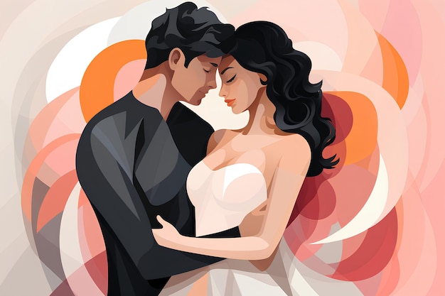 Illustration of a couple embracing against a colored background in a stylized glamour style