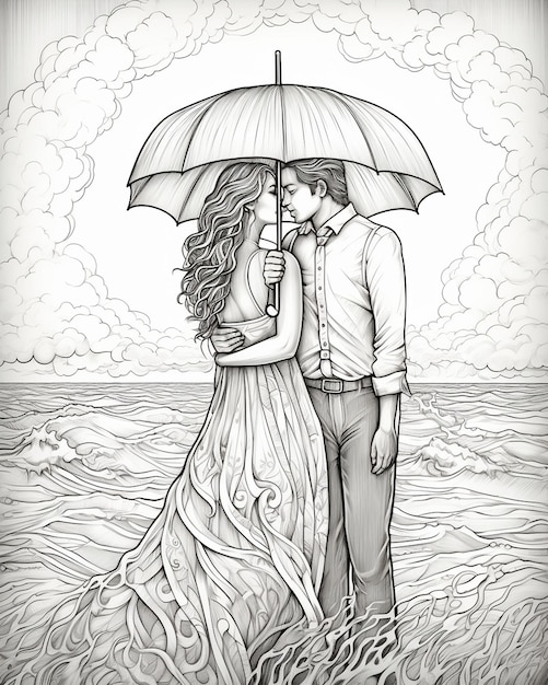 Photo illustration of couple holding umbrella