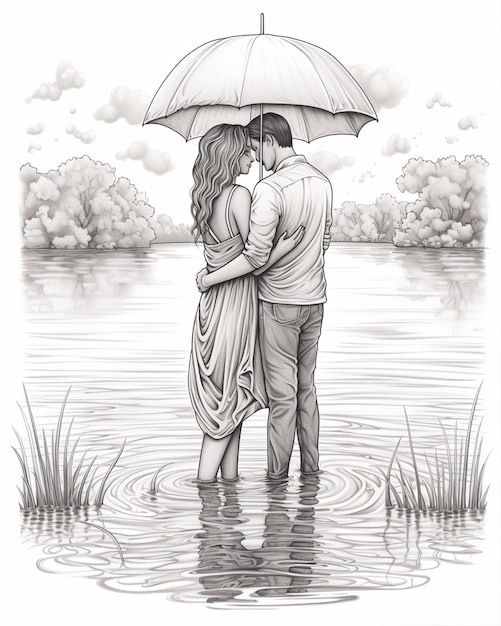 Illustration of Couple Holding Umbrella