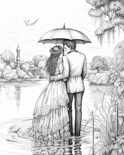 Photo illustration of couple holding umbrella