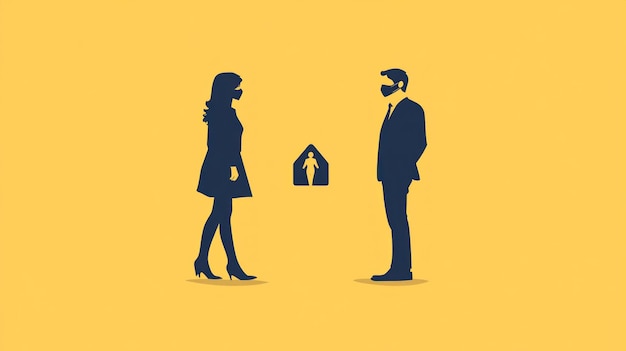 Photo illustration of a couple and house with the house on the yellow background