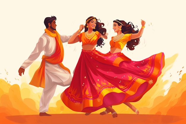 Illustration of couple playing Garba and Dandiya night in Navratri Generative Ai