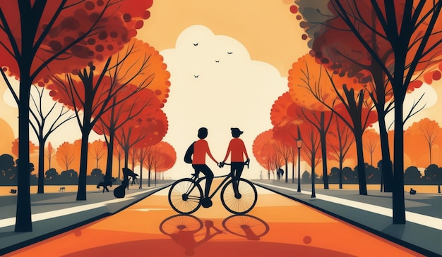 an illustration of a couple riding their bikes in a park with a man and woman on the bike