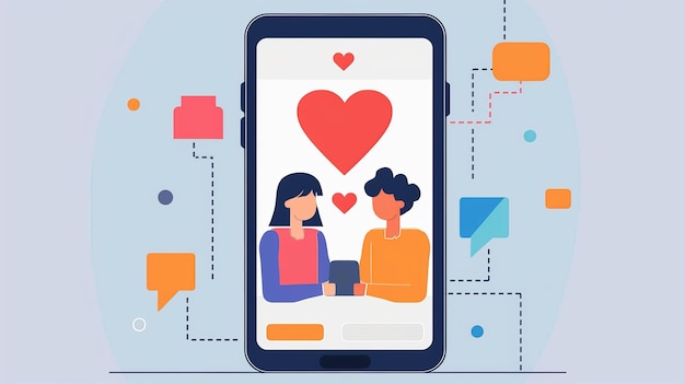 Photo illustration of couple using dating app on smartphone screen showing love connection and digital communication with colorful chat bubbles