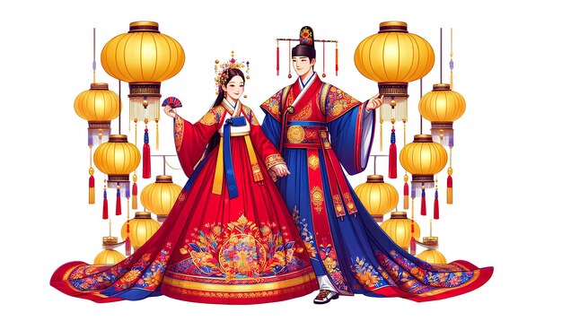 Photo illustration of a couple in vibrant traditional hanboks