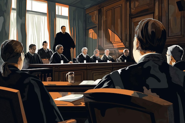 Photo an illustration of a courtroom scene with a judge in a black robe presiding over a trial lawyers presenting their cases and a jury attentively listening