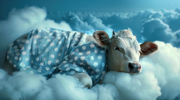 Photo illustration of a cow wearing a polka dot nightgown resting and sleeping soundly on the clouds