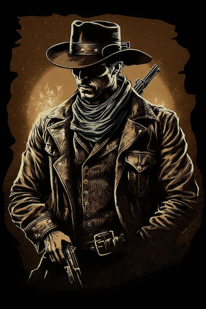 Illustration of a cowboy or a western hero with a gun Logo Design Generative AI vertical image