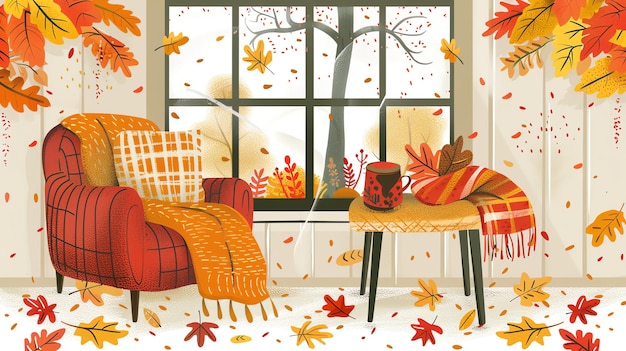 An illustration of a cozy autumn scene with a chair table and a cup of coffee with leaves falling outside the window