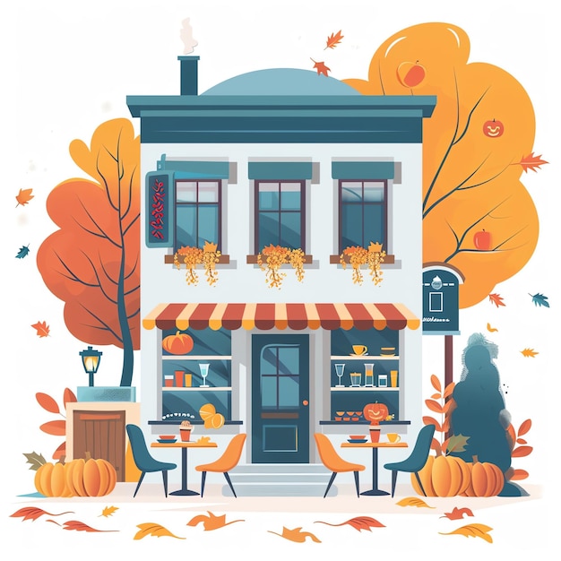 Photo illustration of a cozy coffee shop with pumpkins and falling leaves in autumn