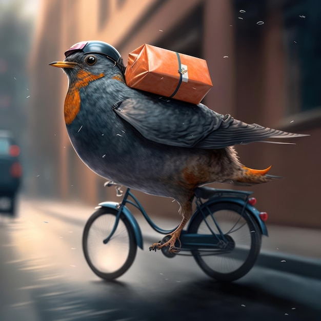 Illustration of a creative bird delivering a parcel in digital art style AI generation