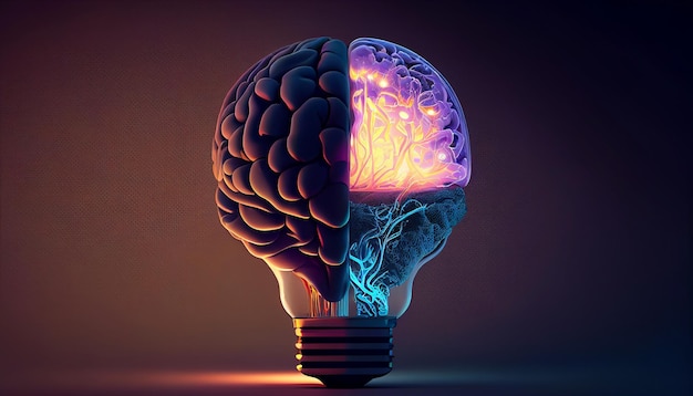 Illustration of a Creative Idea with a Brain and a Light Bulb Using Generative AI Technology Generative AI