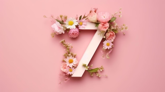 Illustration of a creative number 7 seven with spring flowers on a pink background