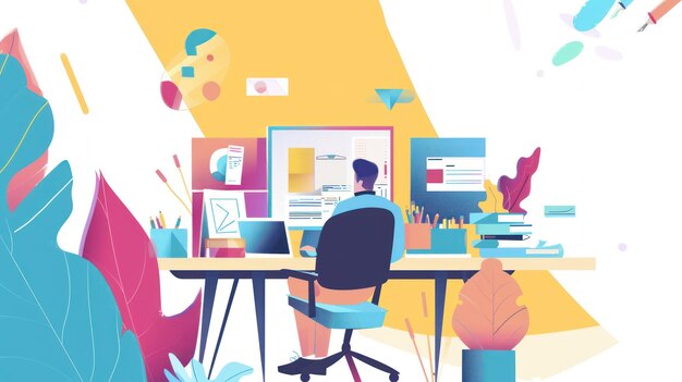 Photo illustration of a creative workspace with a person working at a desk modern office design concept for digital art and print