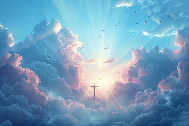 Illustration of the cross of jesus christ is seen in the sky surrounded