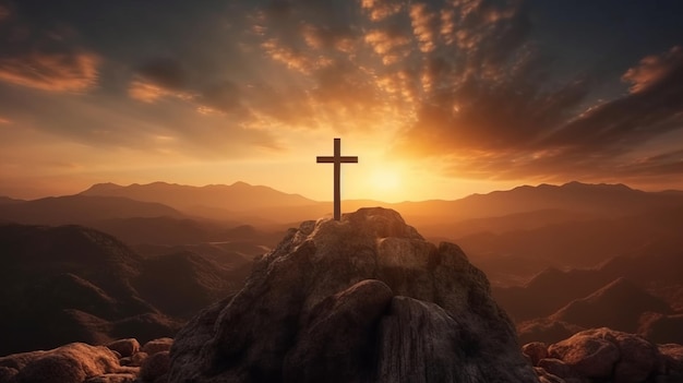 Illustration of a Cross Silhouetted on a Mountain Peak at Sunset