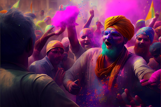 Illustration of crowd people having fun on holi celebrating outdoor in India