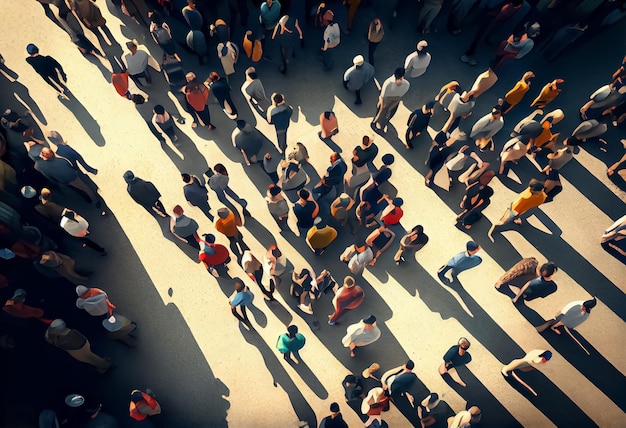 Illustration of crowd of people hurry in big city above view