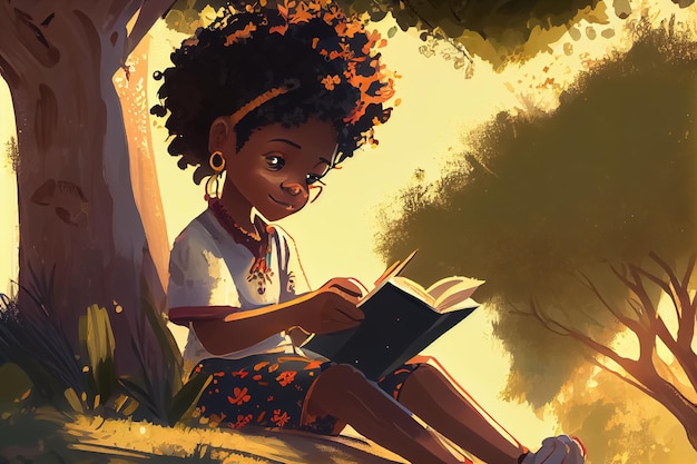 Illustration of curious child with book in a magical forest in the imagination AI