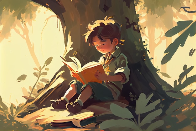 Illustration of curious child with book in a magical forest in the imagination AI