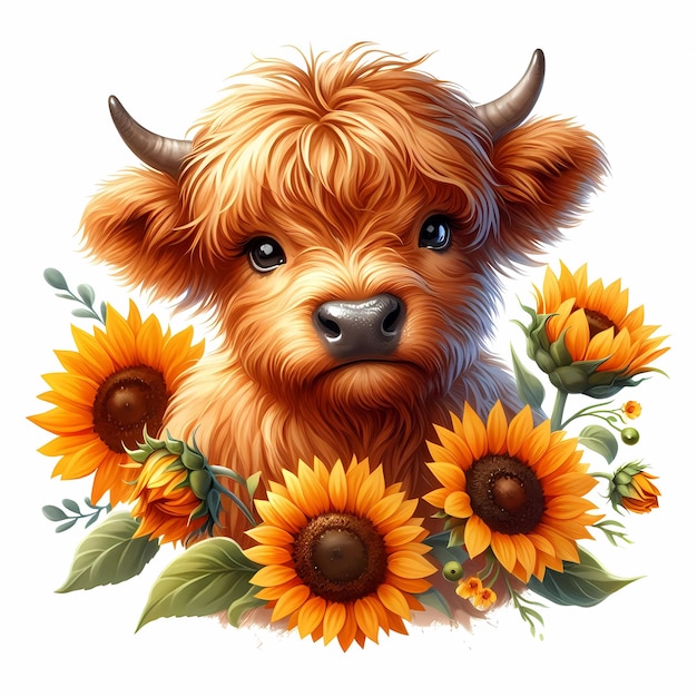 Illustration of a cute baby Highland cow with long hair and sunflowers