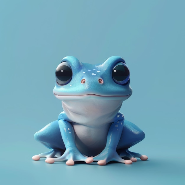 Illustration of a cute blue cartoon frog with oversized eyes sitting on a cool blue background