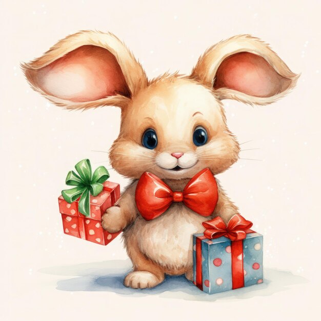 an illustration of a cute bunny with christmas gifts isolated an illustration of a cute bunny