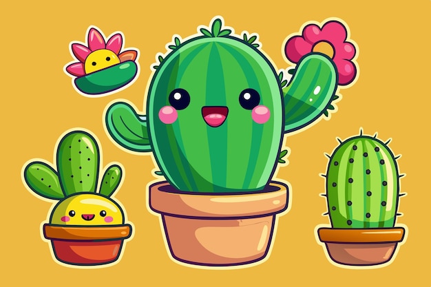 Illustration of Cute Cactus Sticker Set