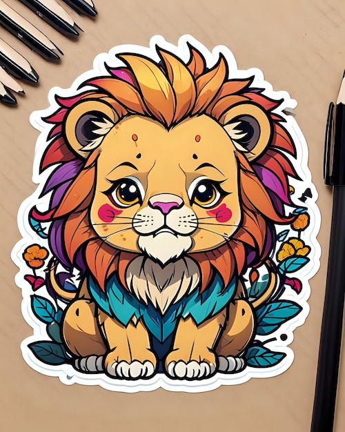 Illustration of a cute cartoon Lion sticker with vibrant colors and a playful expression