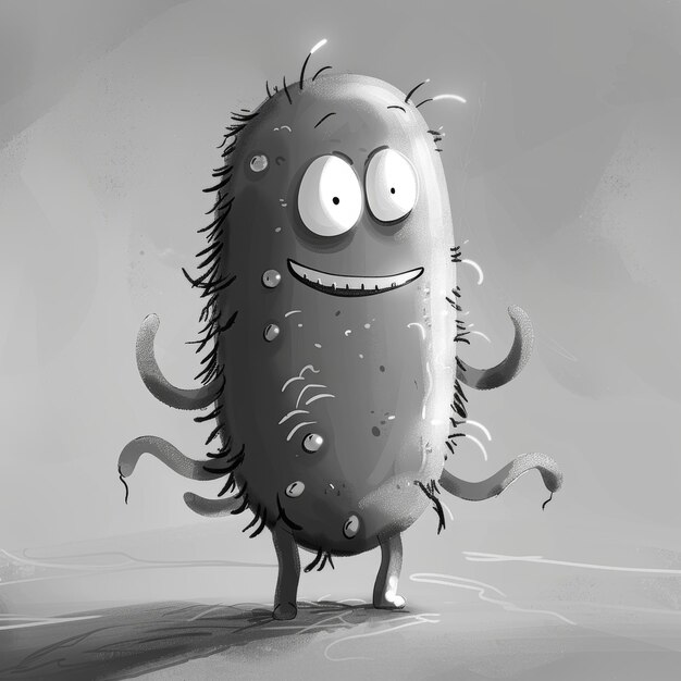 Photo illustration of a cute cartoon virus in black and white with a funny face