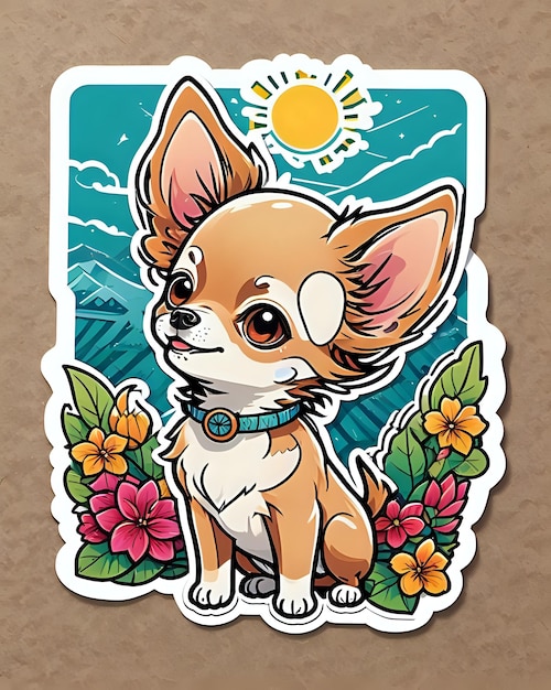 Illustration of a cute Chihuahua sticker with vibrant colors and a playful expression