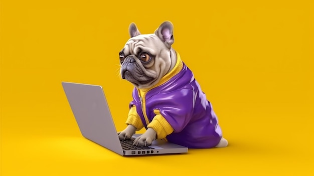 Illustration of a cute dog wearing a jacket sitting on a laptop