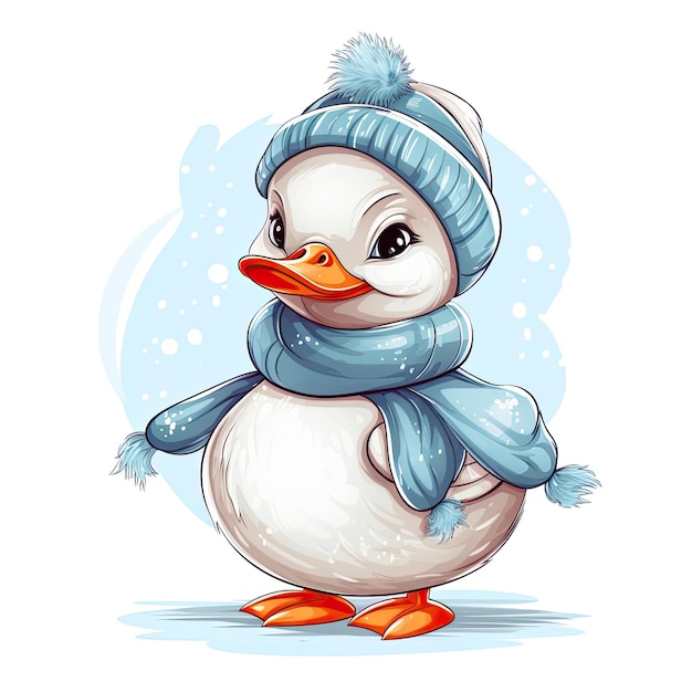 Illustration of a cute duck in a knitted hat and scarf on white