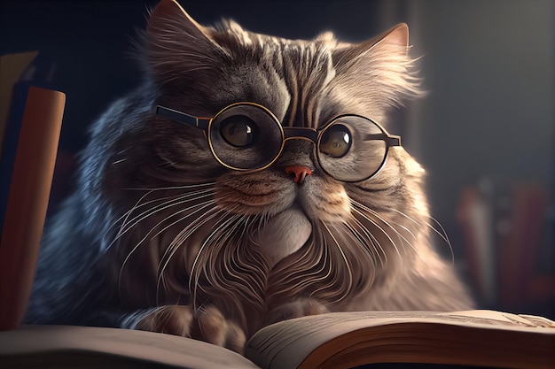 Illustration of cute fluffy cat wear glasses and read a book AI