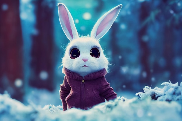 Illustration of a cute gray hare in a scarf with big kind eyes in winter on the snow