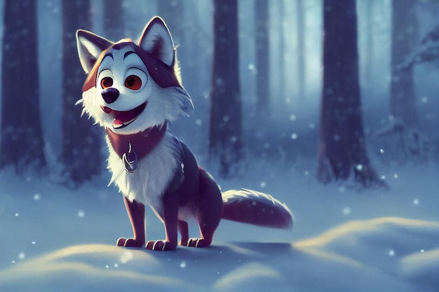 Illustration of a cute gray wolf in a scarf with big kind eyes in winter on the snow